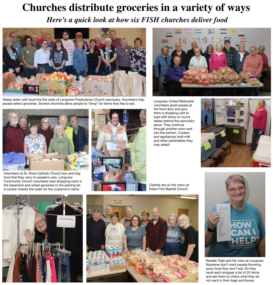 Photo collage titled Churches distribute groceries in a variety of ways, showing volunteers at six FISH churches with tables of produce, bread and clothing